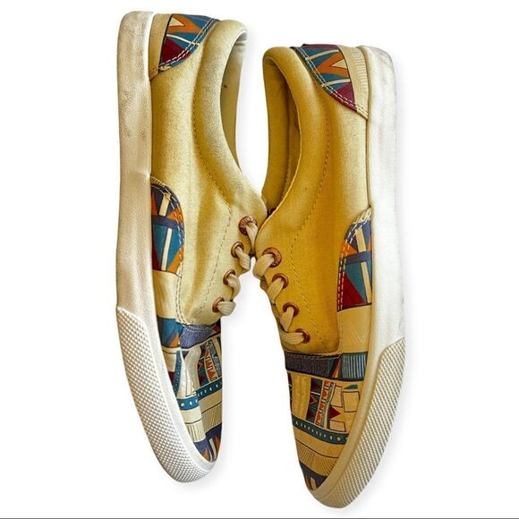 Bucket Feet Art Sneakers  Cream with Southwest Pattern Blue Mustard Size 8 - Picture 3 of 7